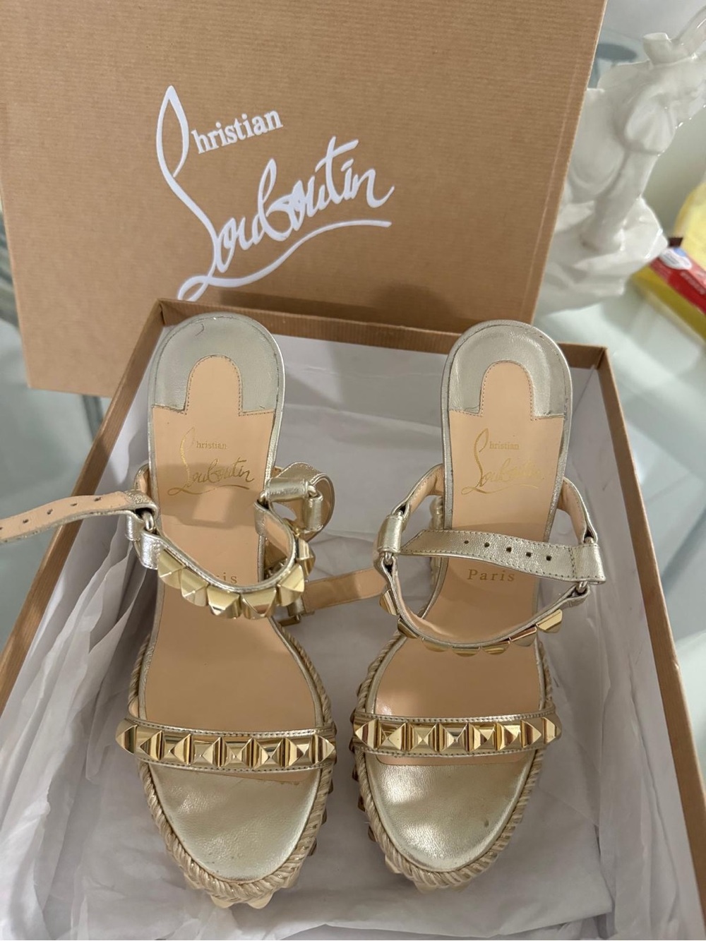 Christian Louboutin Metallic Gold Pyramid-Stud Wedge Sandals
